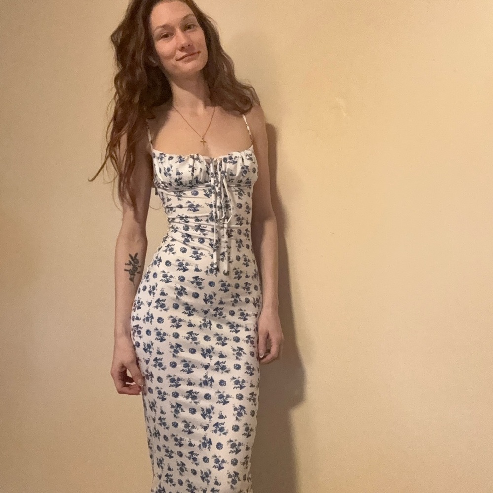 Chic White and Blue Floral Midi Dress